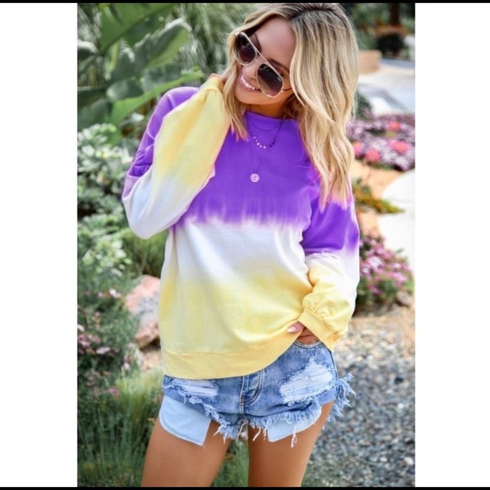 Tie Dye Purple Yellow Long Sleeve Top - Picture 3 of 6